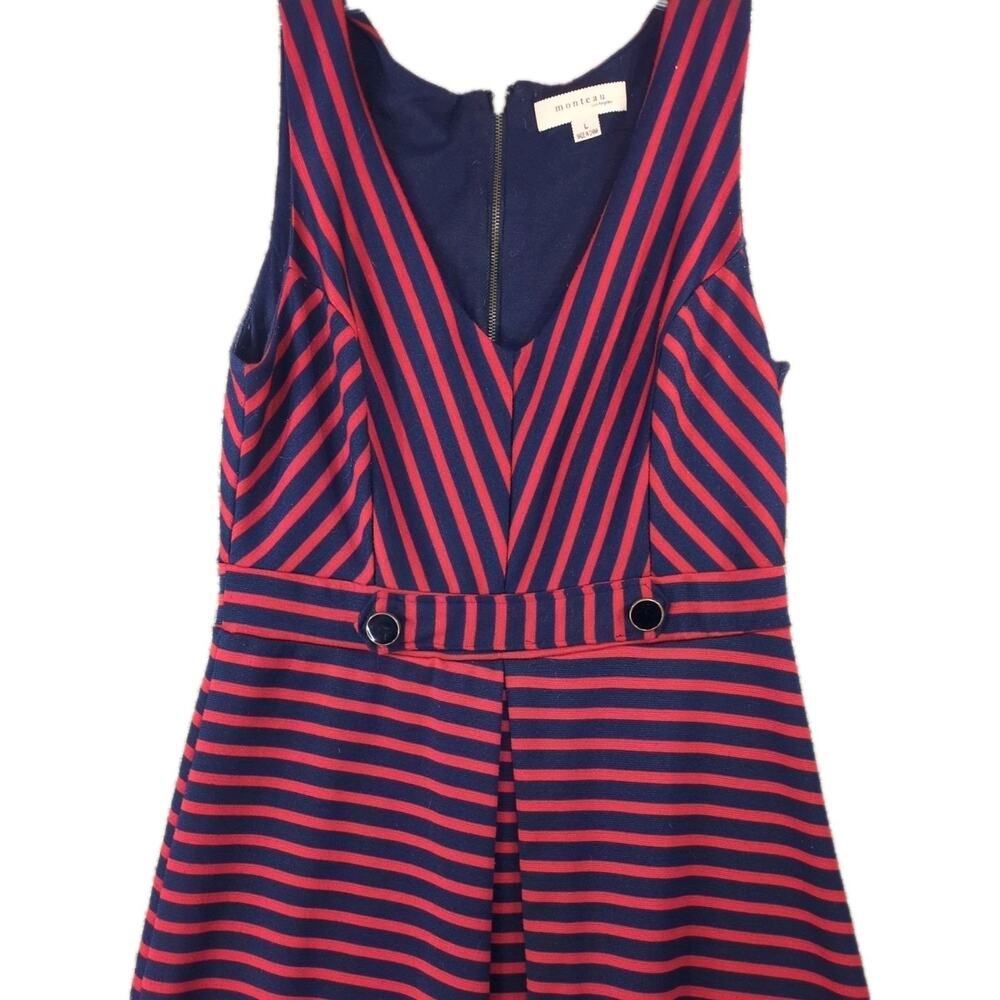 Monteau LA Dress L Red Navy Striped Nautical Deep V Fit & Flare Indie USA